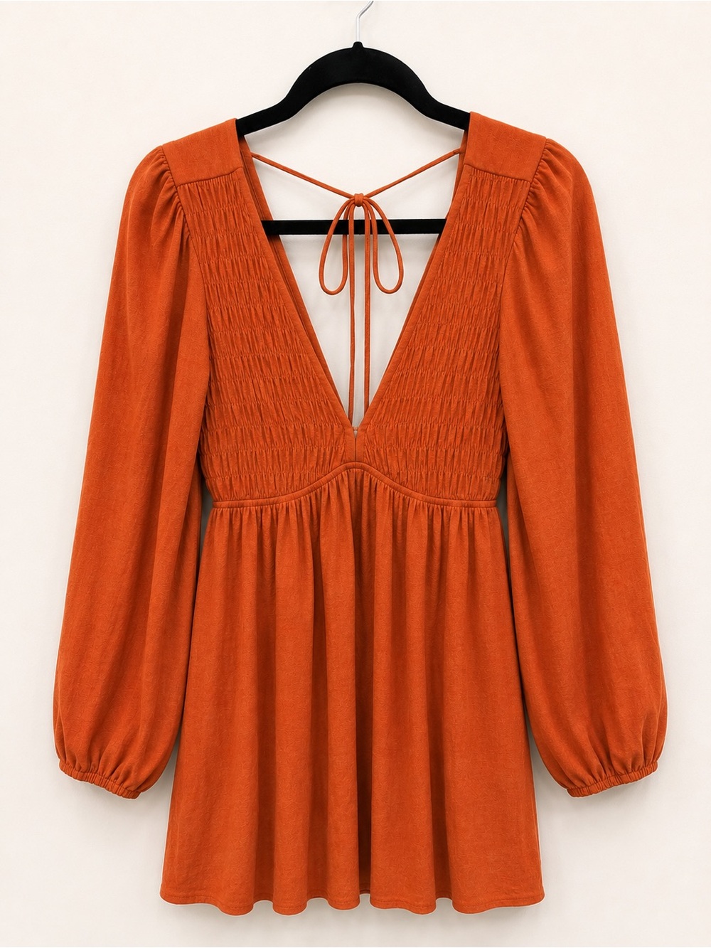 Wishlist Rust Orange Smocked V-Neck Long Sleeve Dress with Back Tie